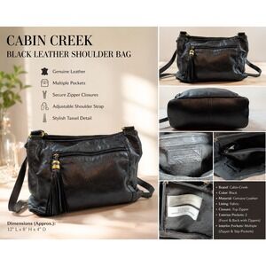 Cabin Creek Black Leather Crossbody‎ Bag Tassel Organizer Purse Brass Hardware